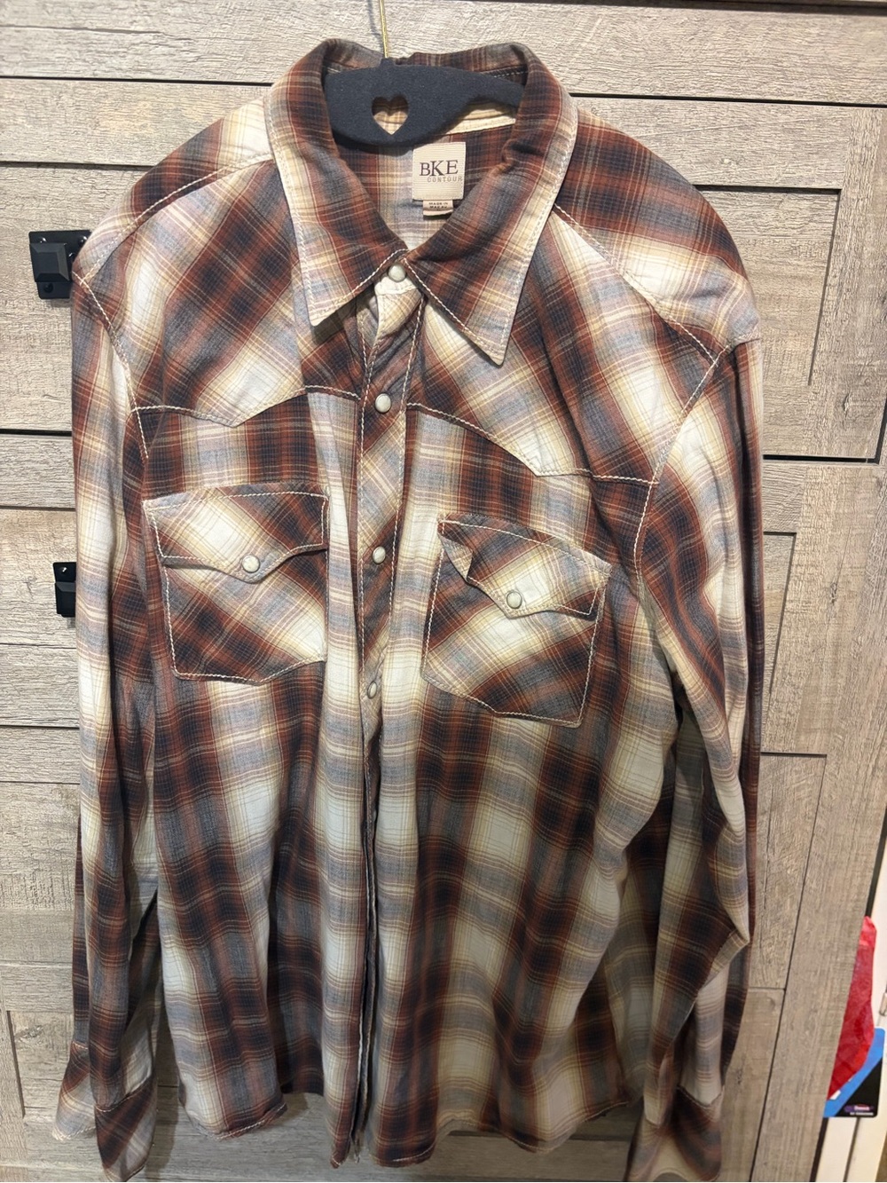 BKE Men's Brown and Cream Plaid Western Button-Down Shirt